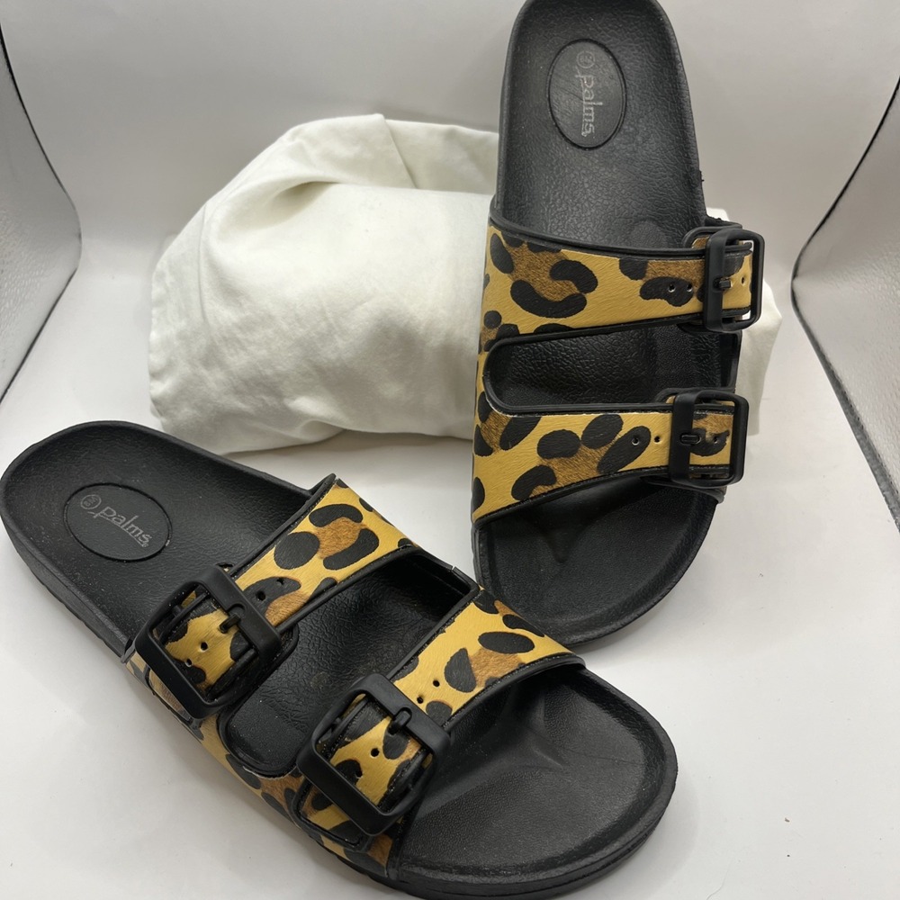 Palms Slide Sandals Womens 8 Yellow Leopard Print Double Strap Buckle Y2K Boho